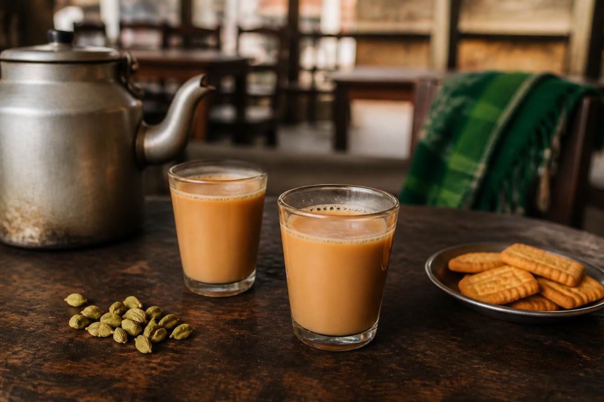 Zwei Gläser pakistanischer Milchtee mit Metallkanne, Kardamom und Gebäck