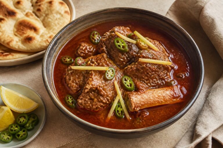 Pakistanisches Nihari mit Rindfleisch, Ingwer, grünem Chili und Naan