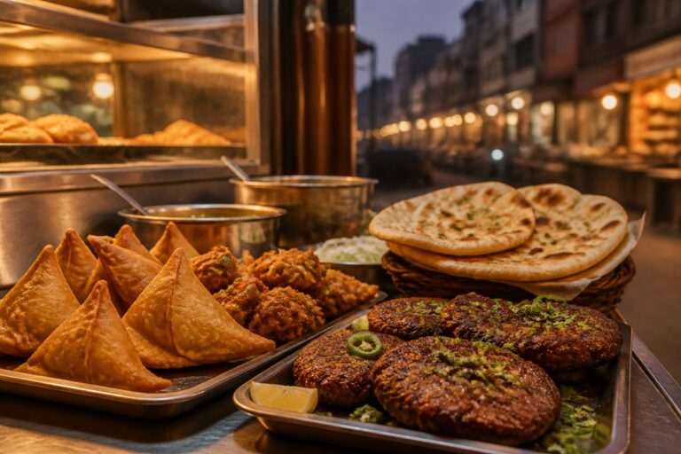 Pakistanisches Street Food mit Samosas, Pakoras, Chapli Kebab und Naan