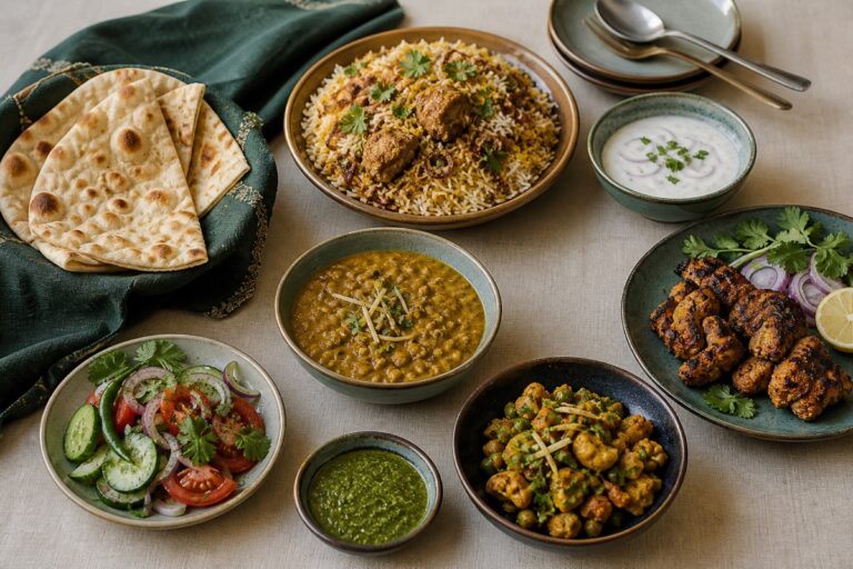 Auswahl pakistanischer Speisen mit Reis, Dal, Naan, Grillfleisch, Salat und Chutneys